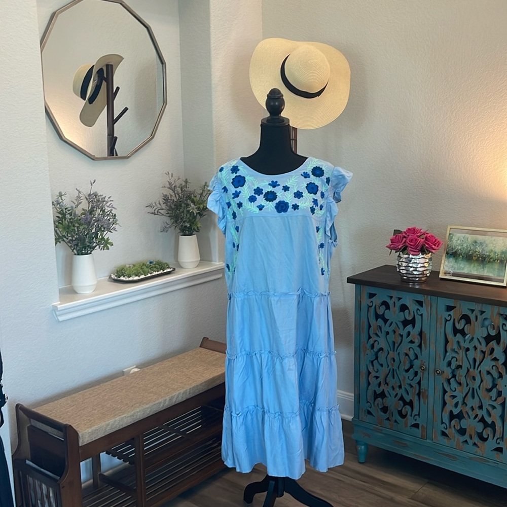 XL Blue Embroidered Floral Dress Boho Summer Midi